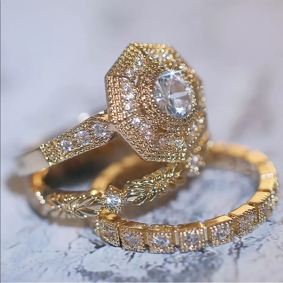 Jewelry - New Yellow Gold Plated Diamond Engagement Set Ring